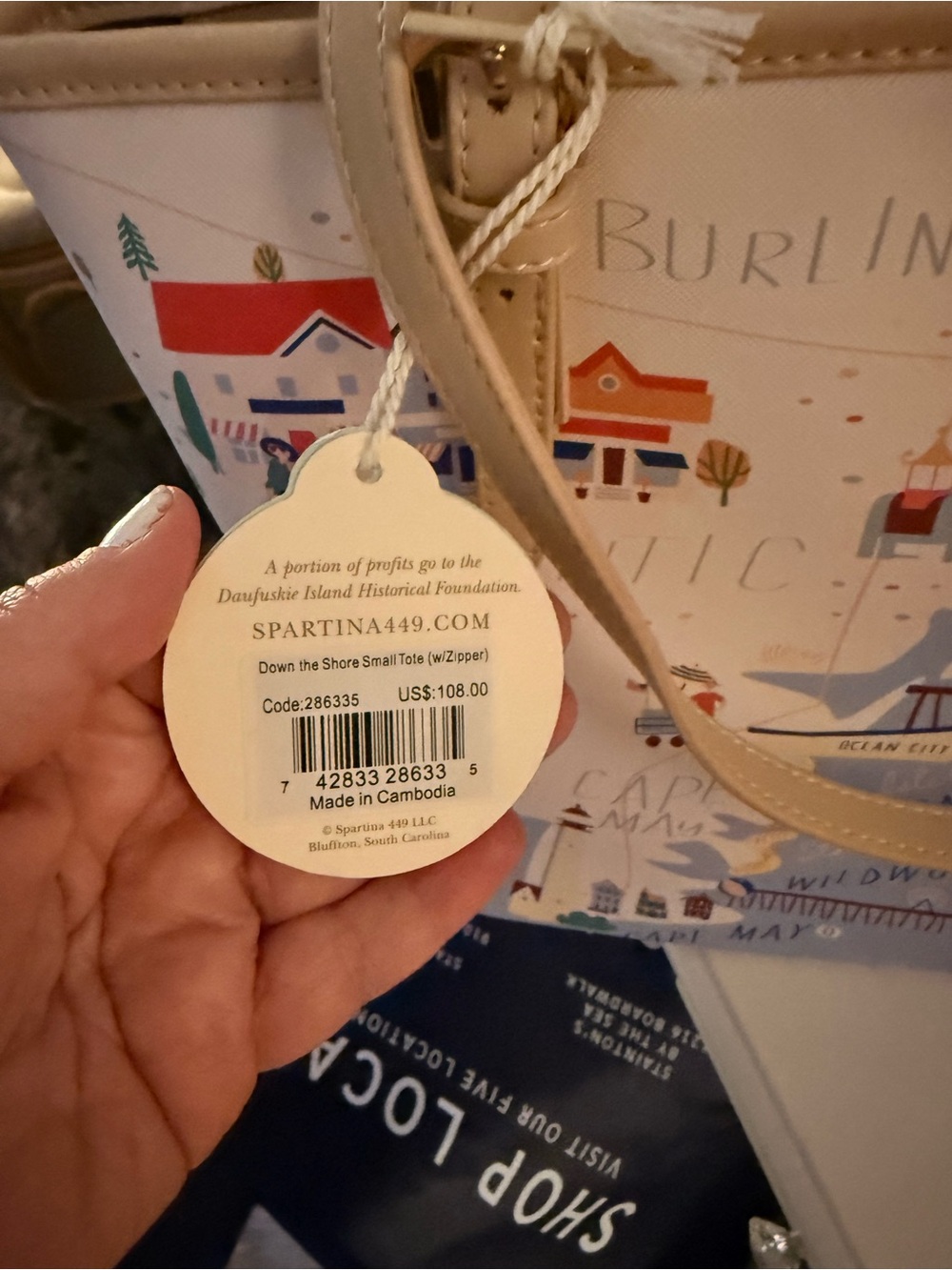 Jersey Shore Coastal Map Print Tote in Light Blue and Tan - Picture 3 of 5